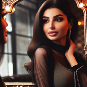 Captivating Middle-Eastern Woman in Trendy Outfit Reflecting in Ornate Mirror