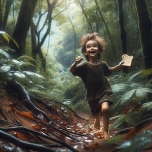 Child Running Through Lush Forest with Bread - Adventure and Exploration