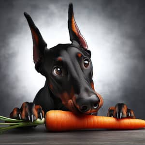 Black Doberman Eating Carrot - Adorable Sight