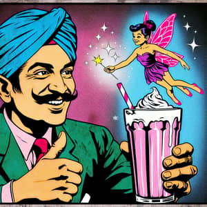 South Asian Man with Milkshake & Fairy - Comic Stencil Art