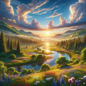 Serene Landscape: Lush Nature with Trees, Wildflowers, and River