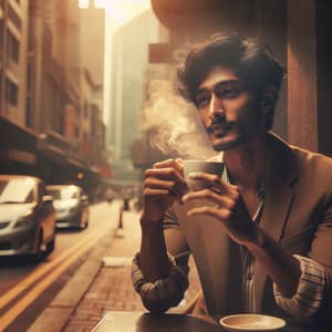 Vintage South Asian Male Enjoying Coffee in Street Cafe