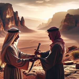 Jahiliyyah Period Sword Exchange in Desert Landscape