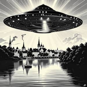 Captivating UFO Scene Over Picturesque Town - Ethereal Neoprimitivism