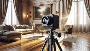 Elegant Living Room with 3D Camera on Tripod