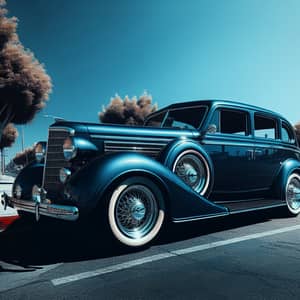 Classic Deep Blue Sedan Car on a Sunny Street