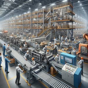 Manufacturing Process Illustration in a Large Factory Setting