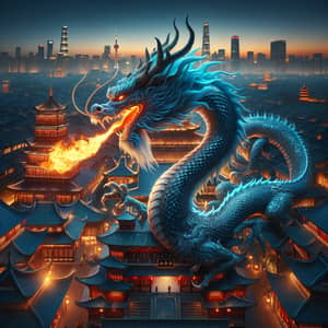 Majestic Blue Dragon Roaring Over Intricate Chinese City