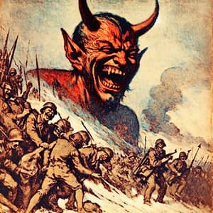 Menacing Devil Laughing in World War 2 Painting
