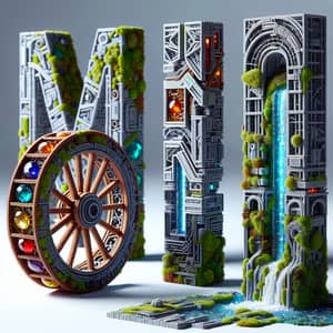 Intricately Designed 3D Model Word with Gemstones, Antique Wheel, Silver Maze, Waterfall, Neon Cityscape