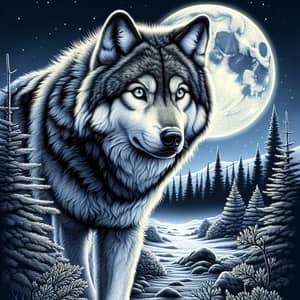 Vivid Depiction of Wolf in Untouched Moonlit Wilderness