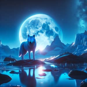 Blue Wolf Standing Against Glowing Moon | Night Sky Scene