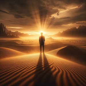 Solitary Figure in Desert Landscape - Dramatic Lighting & Contemplative Pose