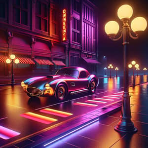 Neon Retro Sports Car in Urban Setting at Night