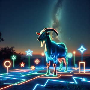 Elegant Goat with Neon Lights: Surreal Rural-Urban Synthesis