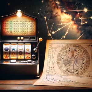 Slot Machine & Astronomy Comparison | Vintage Wooden Table