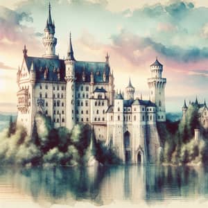Majestic Watercolor Fantasy Castle Overlooking Serene Lake