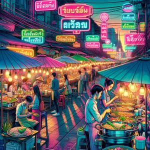 Vibrant Thai Street Food Scene: Neon Pop Art Stalls