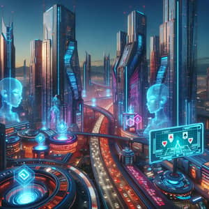 Futuristic Cityscape with AI Androids & Baccarat Game