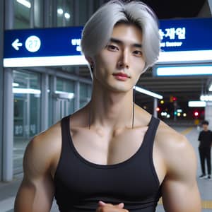 Tall Korean Young Man with Fit Body & Long White Hair