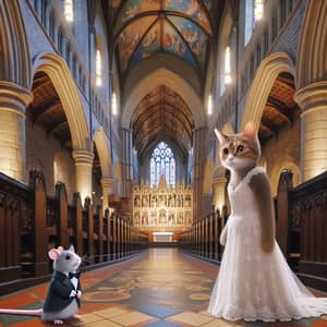 Cat Wedding in Gothic Church: Joyful Scene of Feline and Mouse