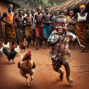 Young African Child Chasing Chicken in Rural Village