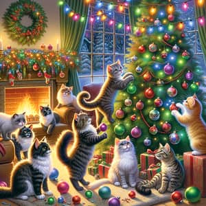 Festive Scene of Cats Enjoying Christmas Decorations