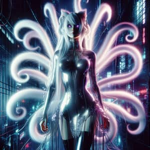 Elegant Cyberpunk Kumiho Girl with Nine Tails in a Futuristic City