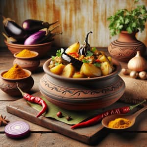 Aalu Baigan Indian Culinary Dish | Traditional Kitchen Scene