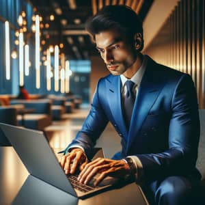 Confident South Asian Man Coding in Royal Blue Suit | Modern Workspace