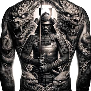 Intricate Back Tattoo: Samurai, Skulls & Dragons