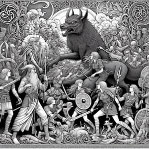 Nordic Art (Ringerike) - Odin vs Fenrir Battle with Nornas & Einherjar