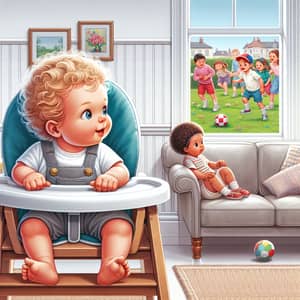 Whimsical Children's Book Illustration: Baby Boy and Play Sister Enjoying Outdoor Game