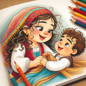 Heartwarming Children's Book Scene: Middle-Eastern Girl and Caucasian Baby Boy Embracing