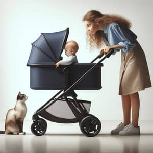 Caucasian Teen Girl Pushing Blue Stroller Watching Baby and Cat