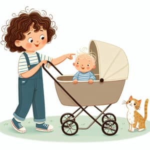 Cheerful Caucasian Girl Pushing Stroller with Baby Boy and Cat