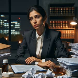 Stressed Female Middle-Eastern Lawyer Working Late in Office