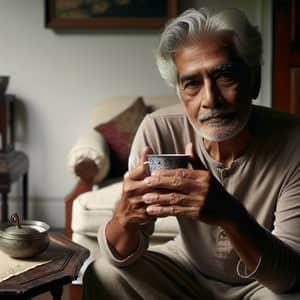 Elderly South Asian Man Enjoying Tea in Cozy Living Room
