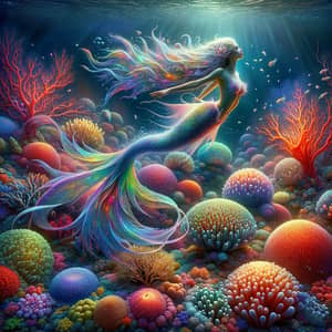 Enchanting Underwater Display: Mermaid in Rainbow-colored Coral Reef