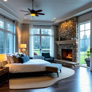 Ultra 12k High Quality Simple Bedroom with Stone Fireplace & Garden View