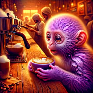 Animated Purple Monkey in Enchanting Coffee Shop Scene