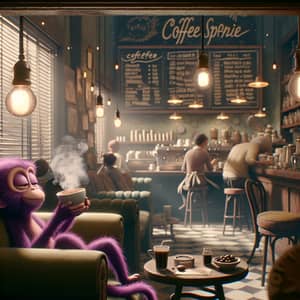 Whimsical Purple Monkey Enjoying Cappuccino in Cozy Coffee Shop