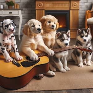 Adorable Diverse Breed Puppies Playing Guitar in Living Room