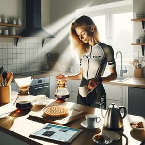 Scandinavian Cyclist Woman Brewing Coffee in Minimalist Kitchen