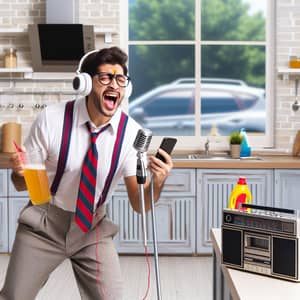 Hispanic Man Singing into Mobile Phone with Walkman and Energy Drink in Kitchen