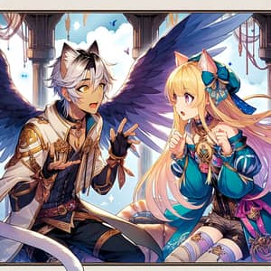 Fantasy Anime Art: South Asian Man with Wings and Blonde Woman in Cat-themed Attire