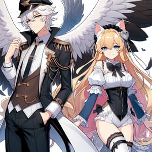 Anime Style Illustration of Man with Wings and Woman Dressed as Cat