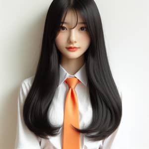 East Asian Girl with Long Black Hair in White Shirt | SEO optimized title