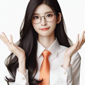 Asian Woman in White Shirt with Glasses & Orange Tie