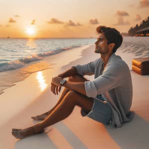South Asian Man Relaxing on the Beach at Sunset